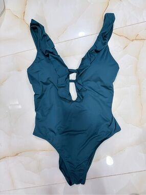 Shade & Shore Teal Ruffle One-Piece Swimsuit Womens Size L